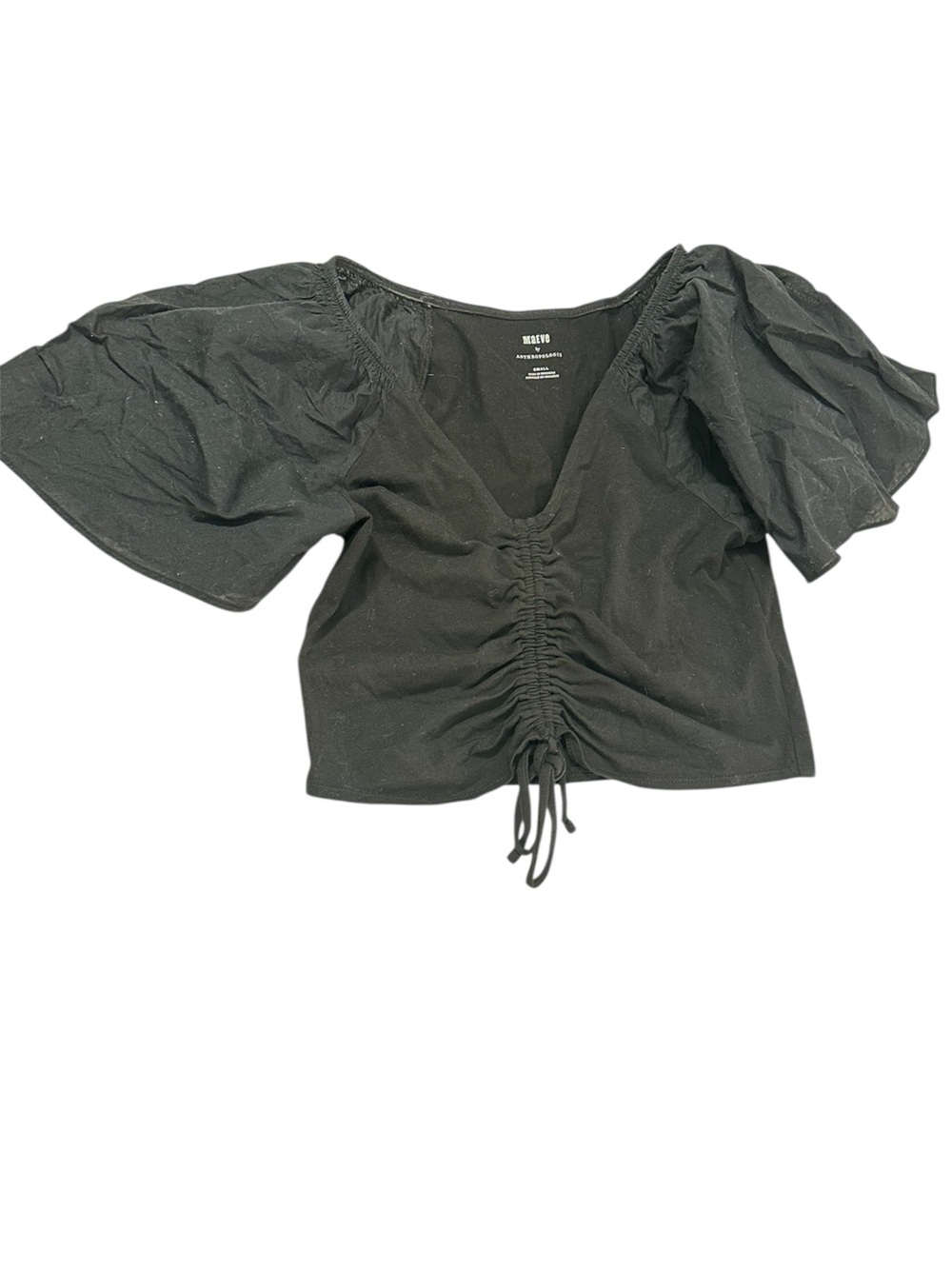 Anthropologie x Maeve Black Ruched Drawstring Flutter Sleeve Crop Top